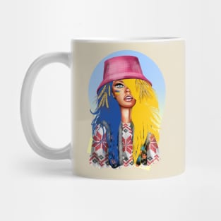 Ukrainian woman with national flag with wheat and flowers Mug